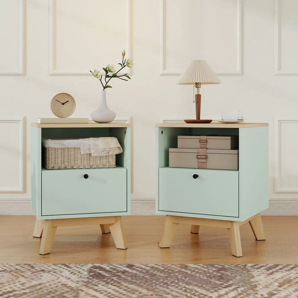 HOMCOM Modern Nightstand Set of 2, Bedside Table with Drawer and Open Shelf, Side End Table for Bedroom, Light Green