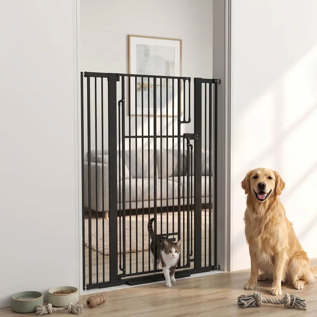 PawHut 135cm Extra Tall Dog Gate with Cat Door, Fits Openings 81-108 cm Pressure Mounted for Doorways, Hallways, No Drilling