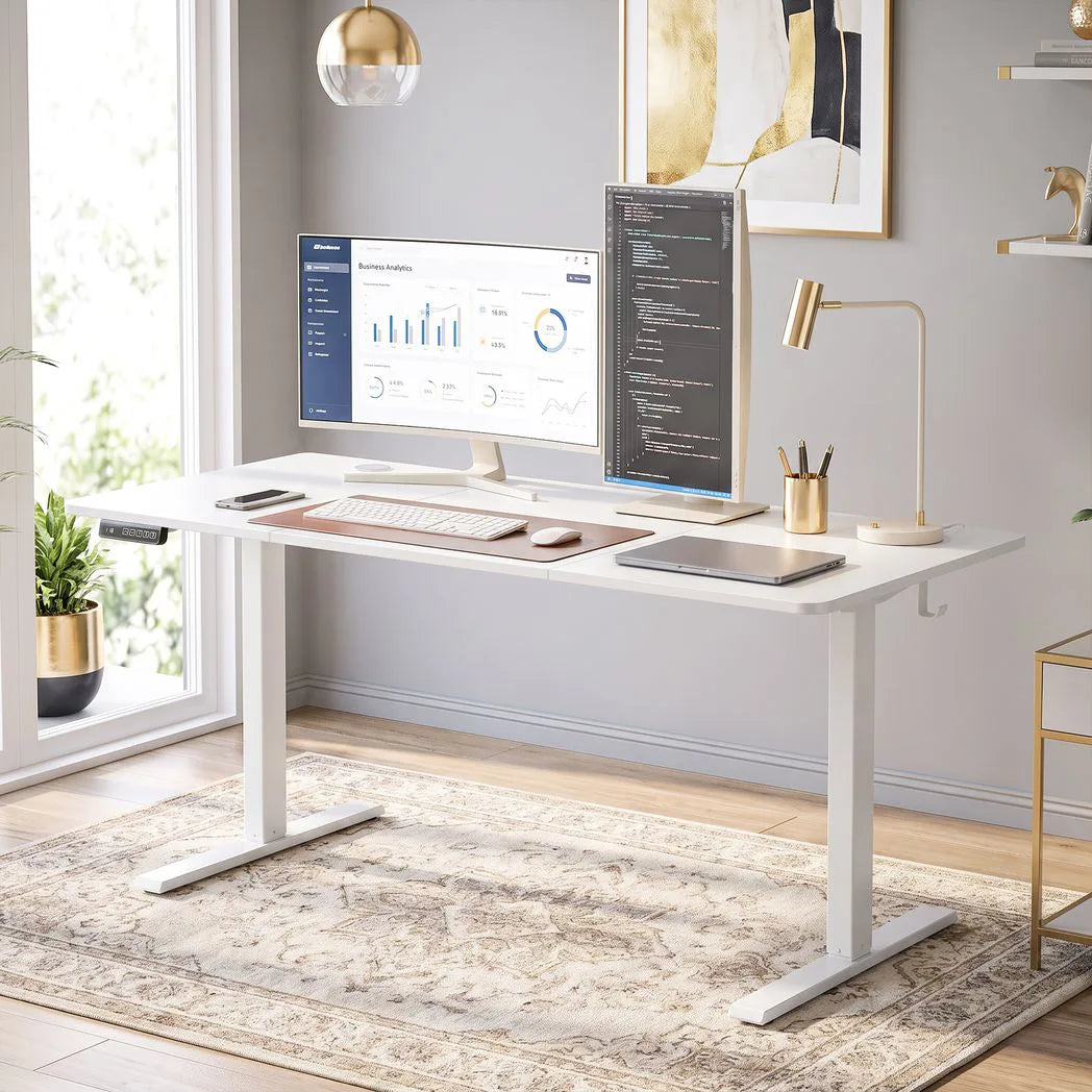 HOMCOM Standing Desk Memory Control Height Adjustable Desk 2 Cable Holes LED Display Sit Stand Desk White