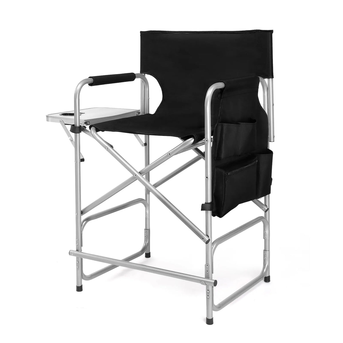 Folding Director Chair with Side Table & Storage Pockets, 41"×23.6"×26.4" Heavy Duty Spray-Coated Metal Frame Makeup Artist Chair, Portable Tall Folding Camping Chair, Supports 300 LBS, Black Oxford Fabric, No Carry Bag  >