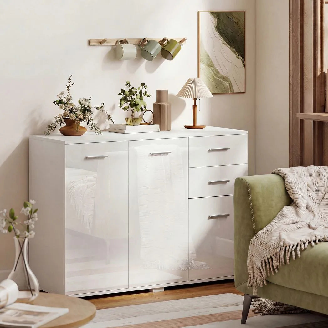 HOMCOM Sideboard, Modern Storage Cabinet with 2 Drawers, 3 Doors and Adjustable Shelves, High Gloss White