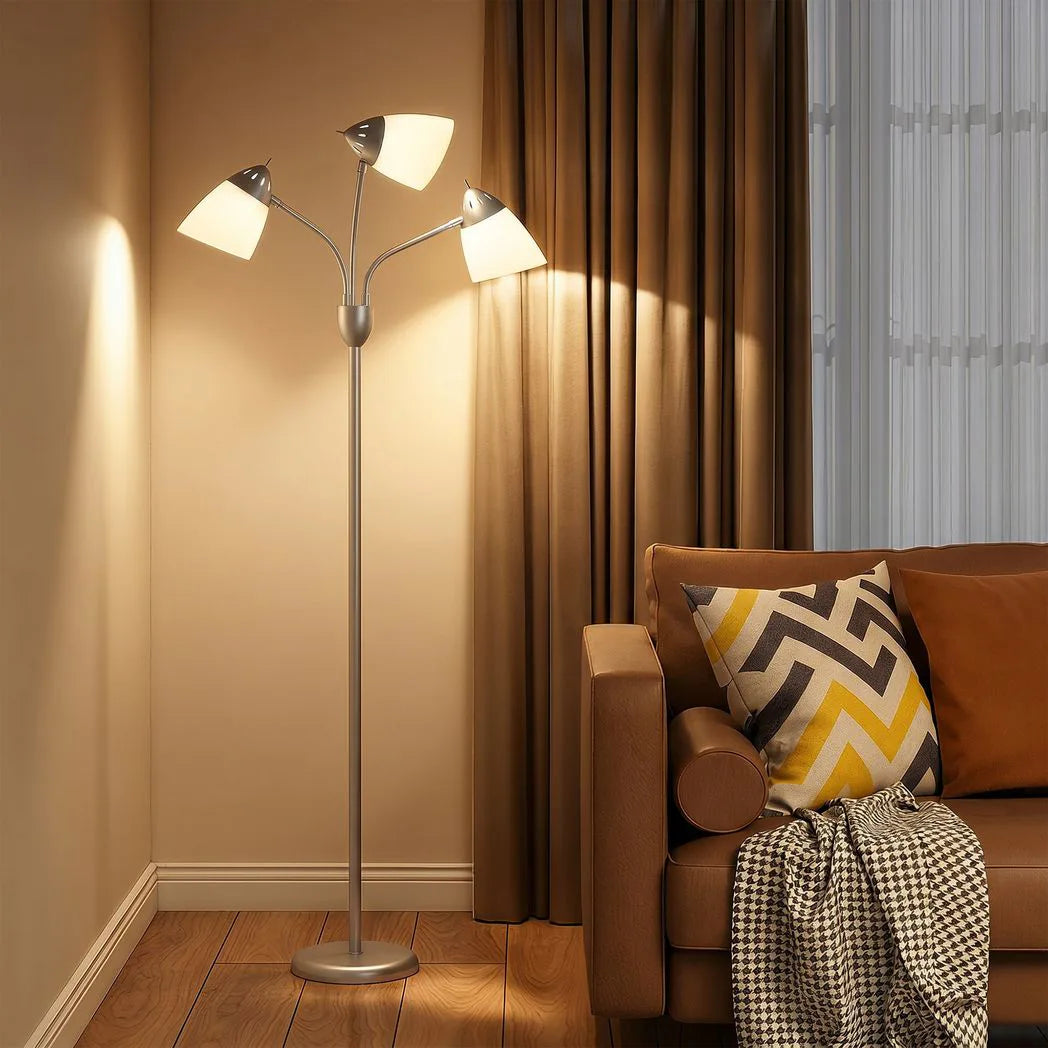 HOMCOM Arc Tree Floor Lamp with 3 Adjustable Rotating Lights, Industrial Standing Lamp with Steel Frame, Silver Tone