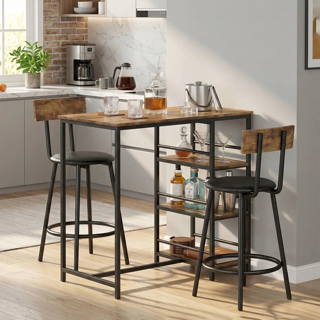 HOMCOM Space Saving Bar Table and PU Leather Stools for 2, 3 Piece Breakfast Bar Table Set with Storage Shelves, Rustic Brown
