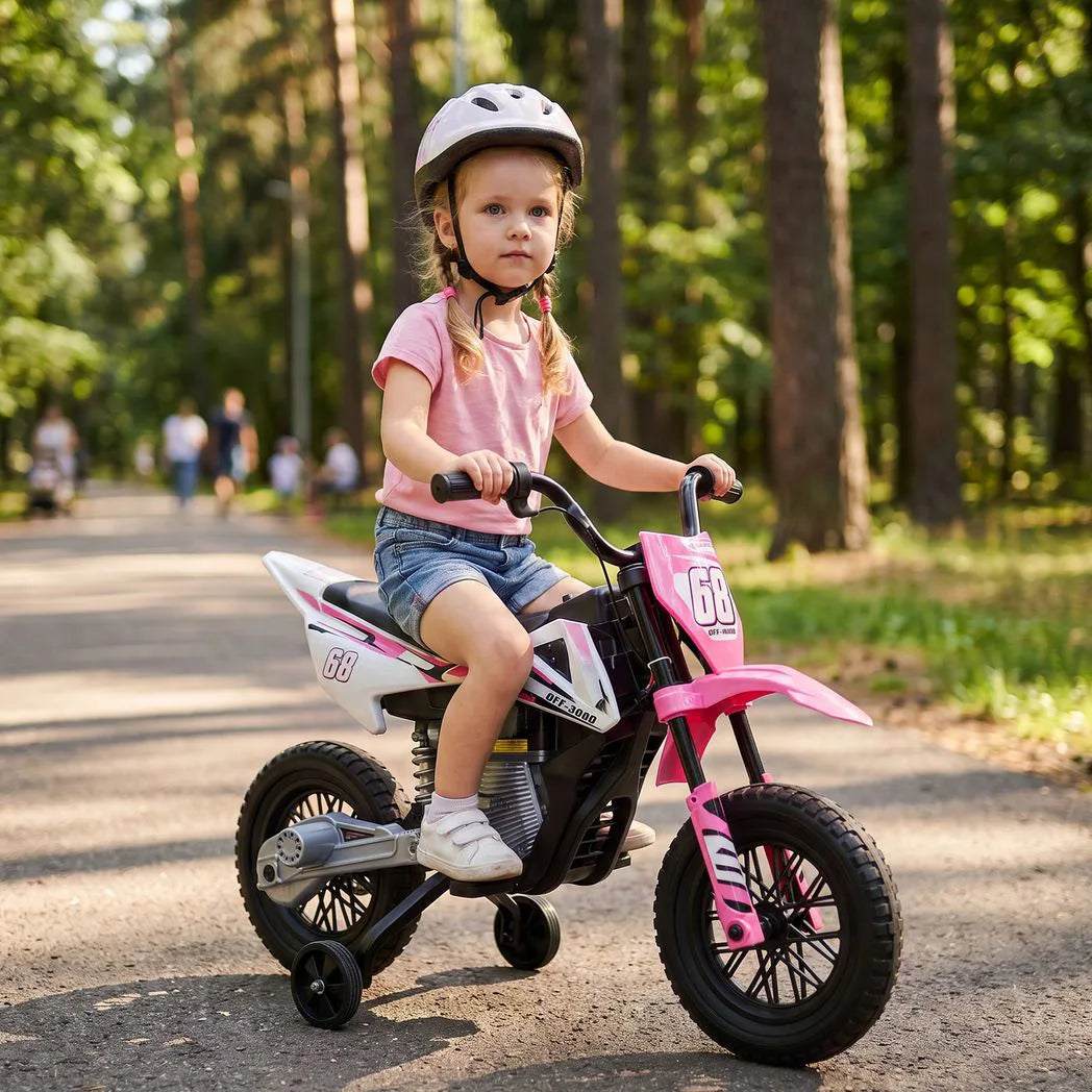 AIYAPLAY Kids Electric Motorcycle, 12V Ride On Motorbike with Training Wheels, Soft Start, Suspension, Music for 3?6 Years, Pink