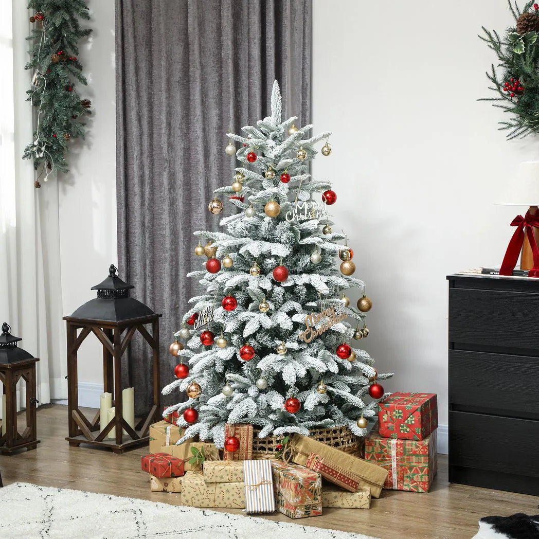HOMCOM 5 ft Artificial Flocked Christmas Tree with 717 Branches, Hinged Xmas Tree with Foldable Metal Stand, Easy Assembly for Home Office Decor