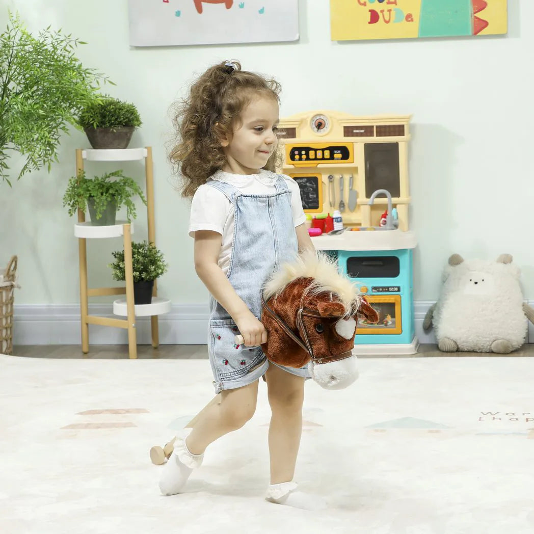 AIYAPLAY Stick Horse with Wood Wheels, Real Pony Neighing and Galloping Sounds, Grip Handle, 95 cm, Brown