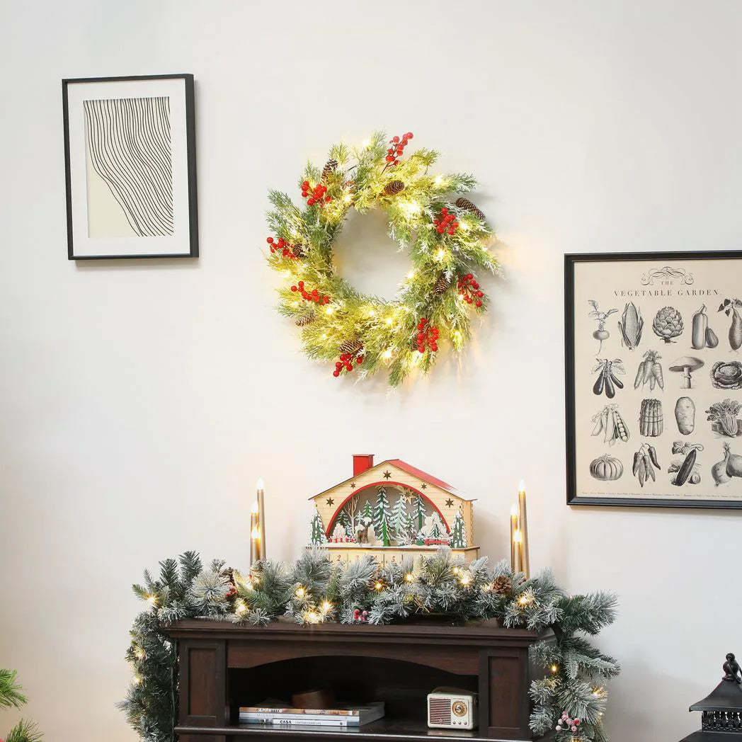HOMCOM 60 cm Prelit Christmas Wreath, Door Wreath with Realistic Branches, 30 Warm White LEDs, Timer, Battery Operated