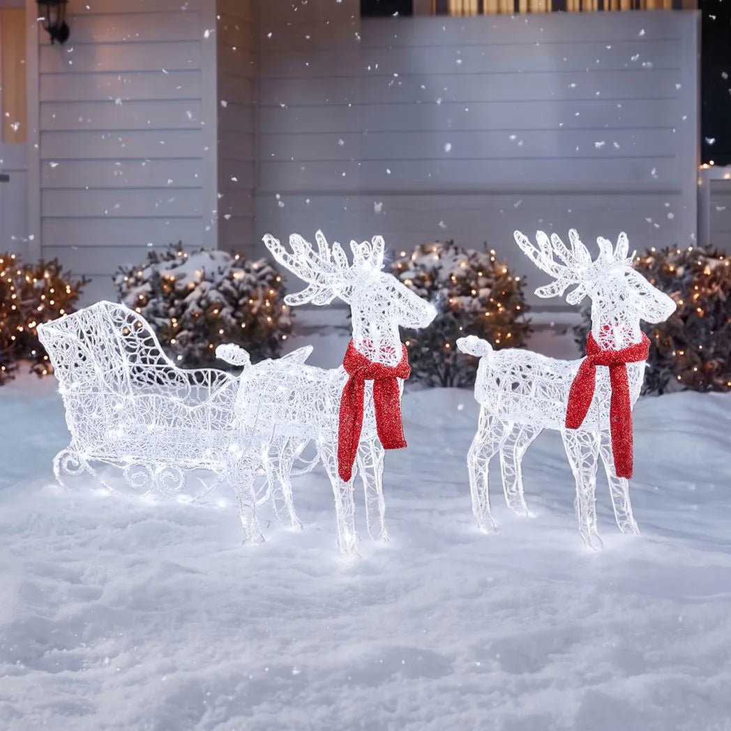 Two Reindeer Pulling Sleigh Lighted Christmas Decor 2.4ft, 240 White LED PVC Décor, UK Plug 31V 3.6W