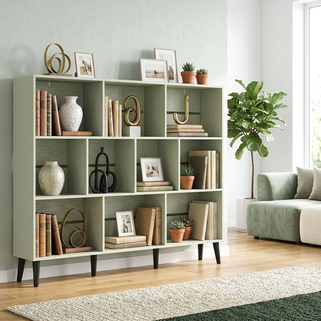 HOMCOM 10-Cube Bookcase, 3-Tier Book Shelf with Solid Wood Legs, 140 cm Modern Bookshelf with Anti-Tip Kit, Light Green
