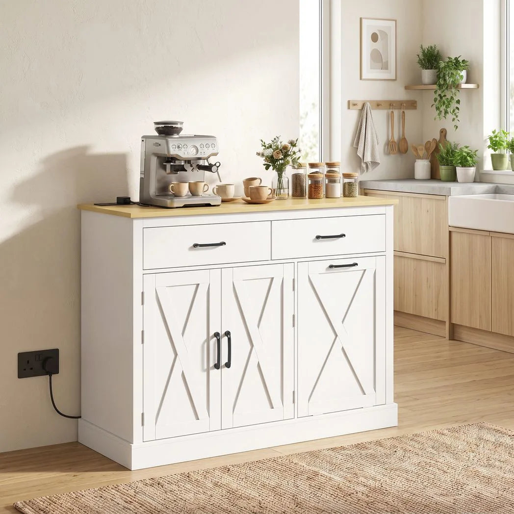 HOMCOM Tilt Out Trash Cabinet with Charging Station, Kitchen Island with Storage, 57 Liter Hidden Rubbish Bin Storage, White
