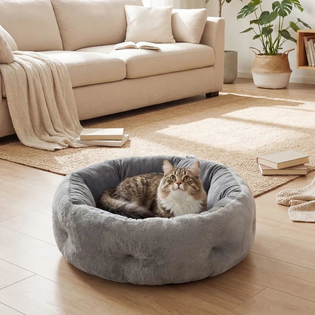 PawHut Cat Bed, Reversible Dog Pet Bed for Indoor Cats and Small Dogs, Round Bed with Supportive Bolster, Dark Grey