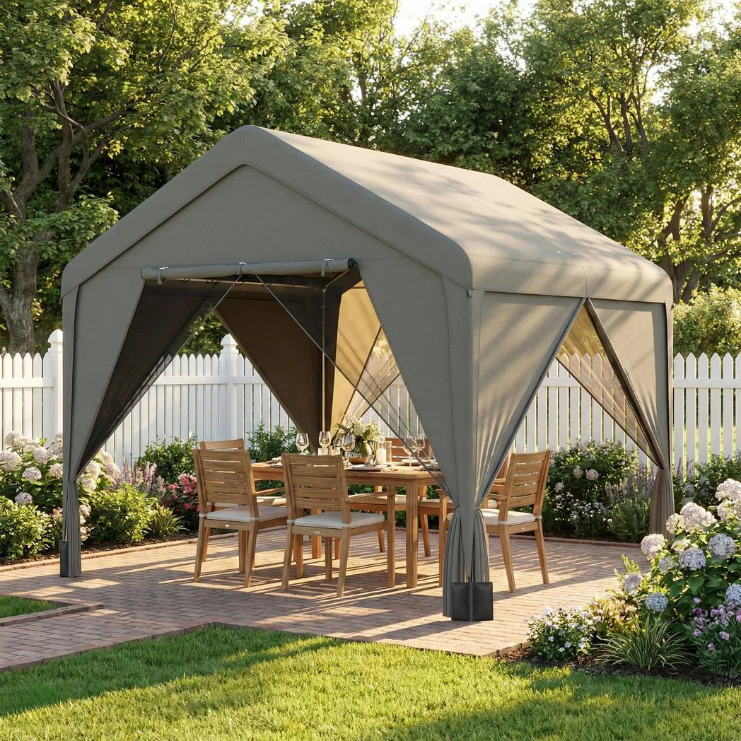Outsunny 3 x 3 m Patio Gazebo with Netting & Curtains, Outdoor Canopy Shelter with Galvanised Steel Frame, Dark Grey