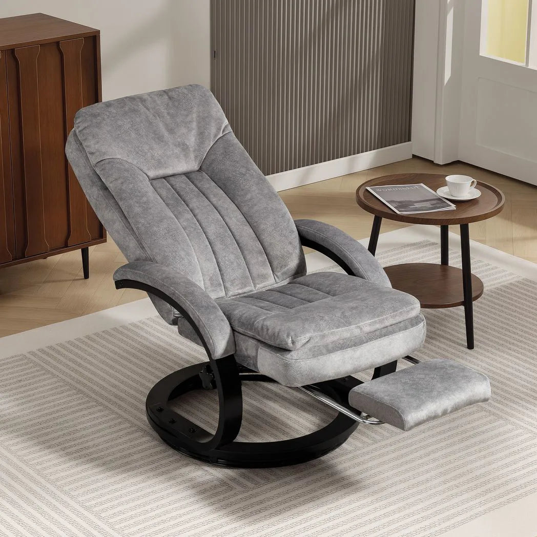 HOMCOM Swivel Recliner Chair with Footrest, Manual Recliner Armchair with Wooden Base, Plush Velvet Upholstered Reclining Chair for Living Room, Bedroom, Office, Grey