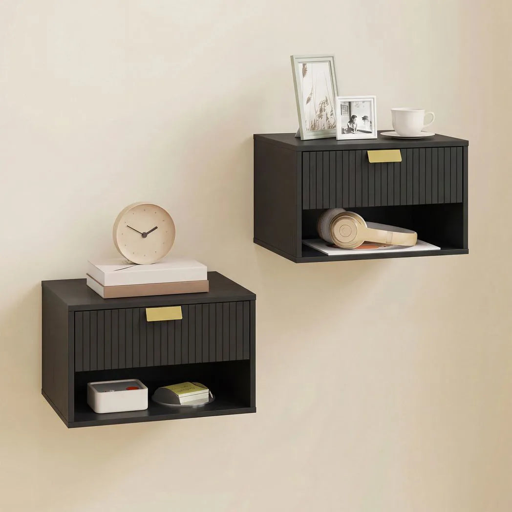 HOMCOM Set of 2 Wall Mounted Nightstands, Floating Bedside Tables with Fluted Drawer and Open Shelf for Small Bedroom, Black