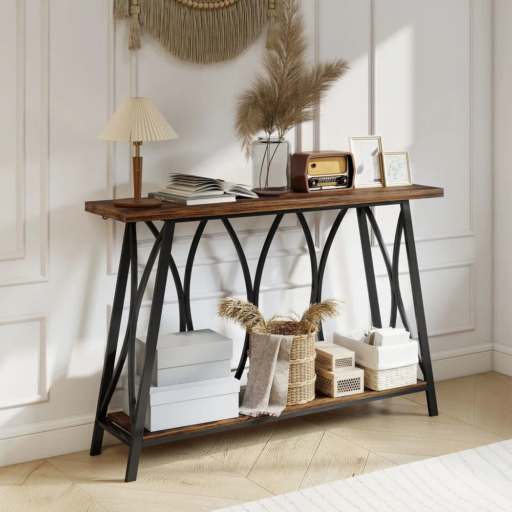 HOMCOM Narrow Console Table, Industrial 2-Tier Sofa Table with Metal Frame for Entryway, Living Room, 120x30x80cm, Rustic Brown