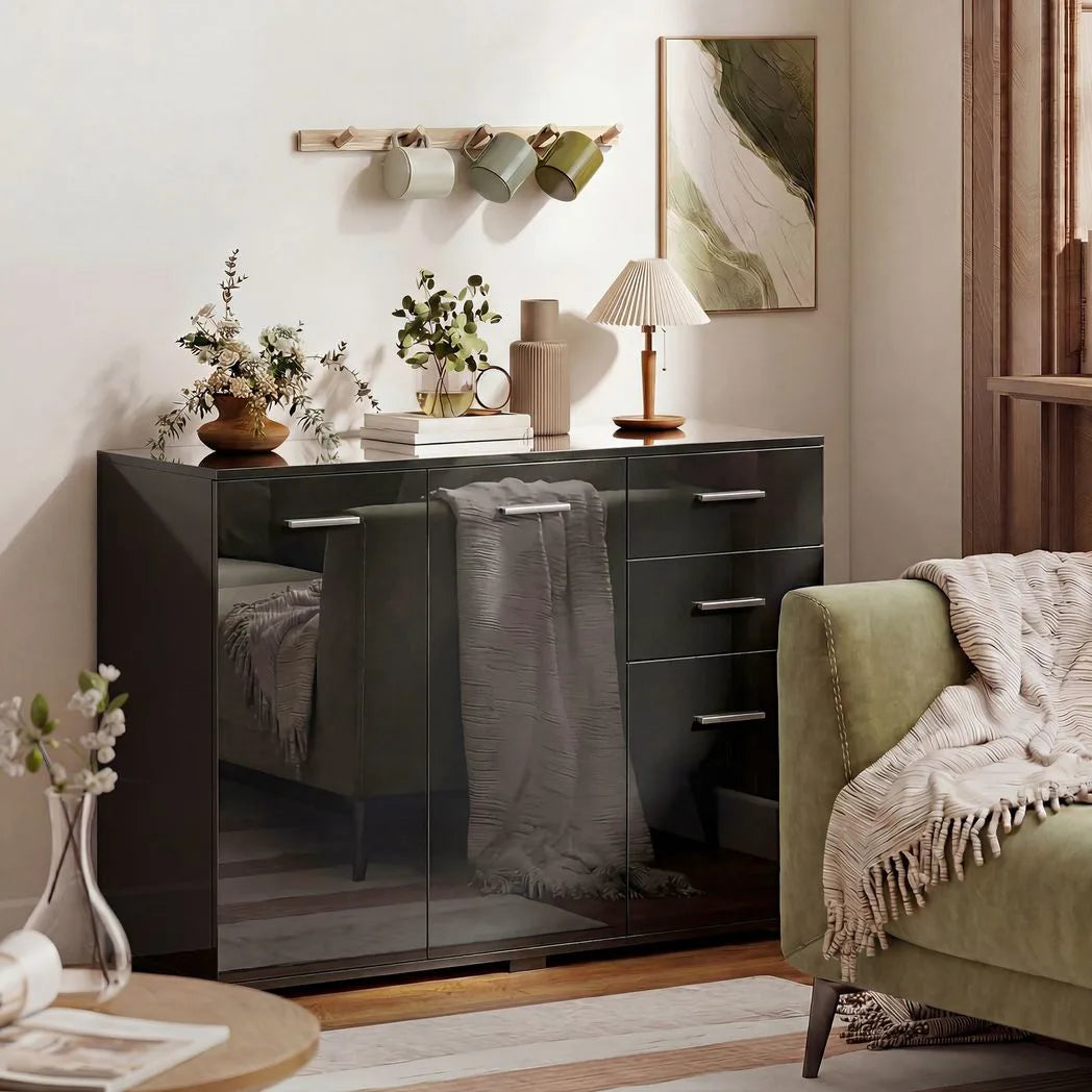HOMCOM Sideboard, Modern Storage Cabinet with 2 Drawers, 3 Doors and Adjustable Shelves, High Gloss Black