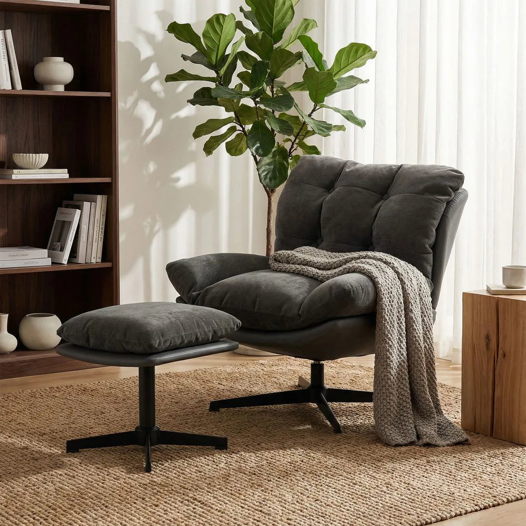HOMCOM Accent Chair with Footstool, Swivel Lounge Chair with Chenille Upholstery, Metal Base, Dark Grey