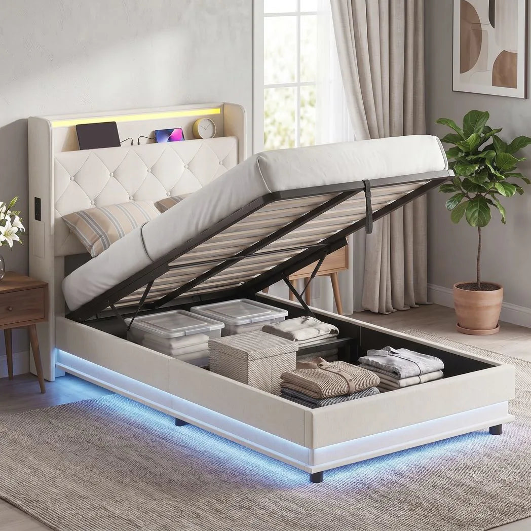 HOMCOM 3ft Single Bed Frame with Headboard, Platform Bed Frame with Hydraulic Storage, LED Lights and Charging Station, White