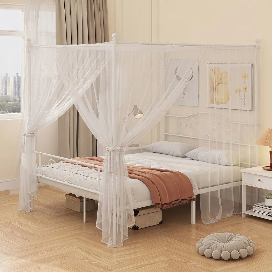 HOMCOM Canopy Bed Frame King Size, Metal Platform Bed Frame with Headboard and Footboard, Underbed Storage, White