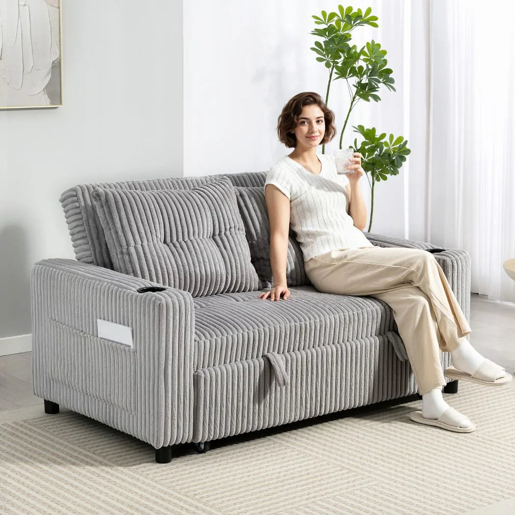 HOMCOM 2 Seater Click Clack Sofa Bed with Pull Out Design, Corduroy Upholstery - Light Grey