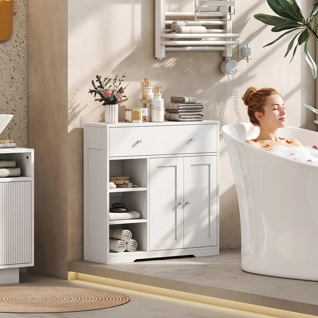 HOMCOM Bathroom Floor Cabinet, Freestanding Bathroom Cabinet with Drawer, Door, Open Shelves, White