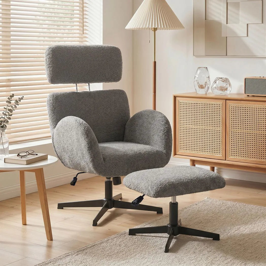 HOMCOM Swivel Armchair and Footstool Set, Height Adjustable Accent Chair with Adjustable Headrest, Rocking Function, Grey