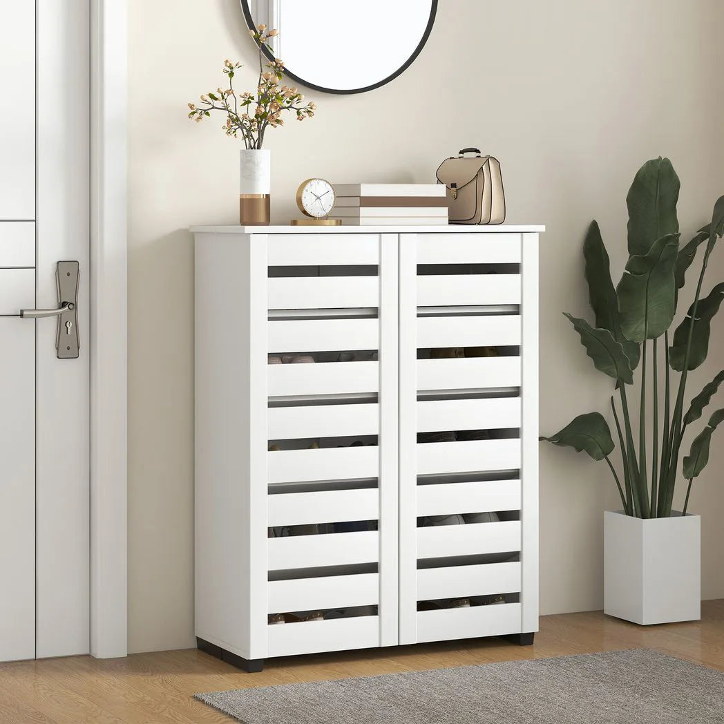 HOMCOM Narrow Shoe Cabinet for Entryway, 5-Tier Slim Shoe Storage Cabinet with 2 Slatted Doors and Adjustable Shelves