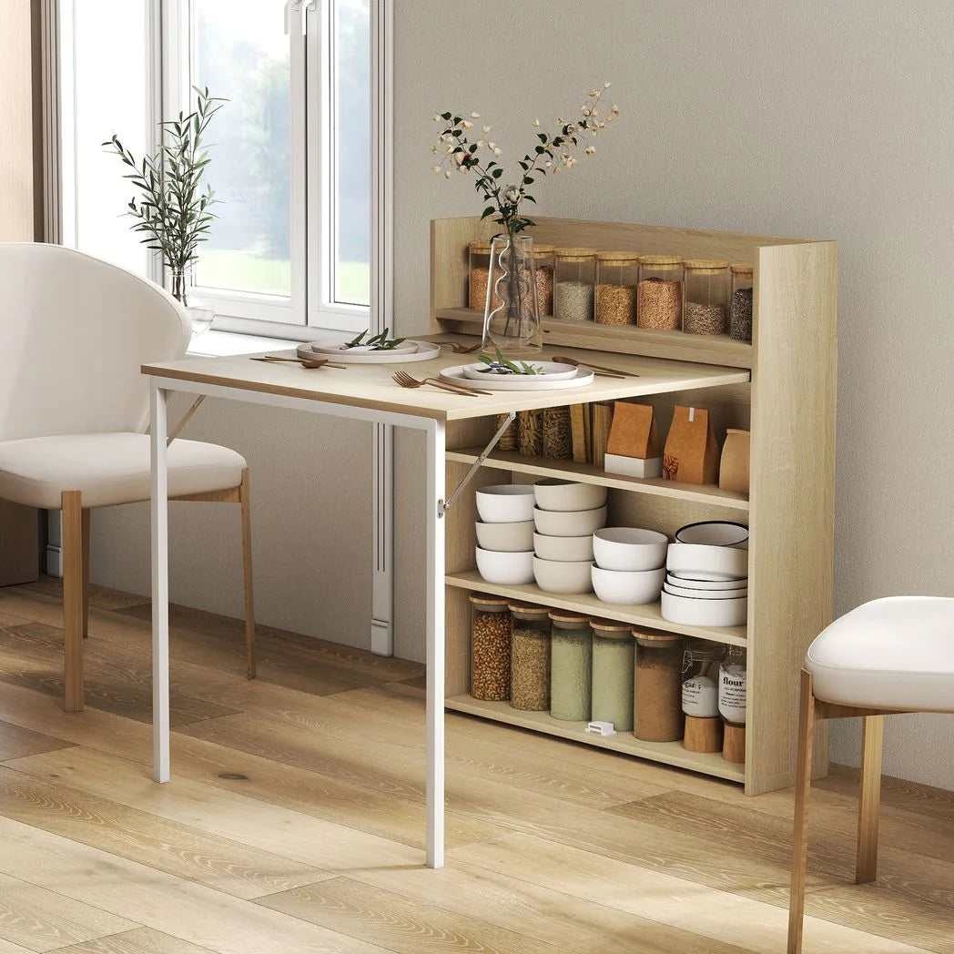 HOMCOM Kitchen Table, Folding Dining Table, with 4-Tier Shelves, Modern Drop-Leaf Table, Oak Wood Effect
