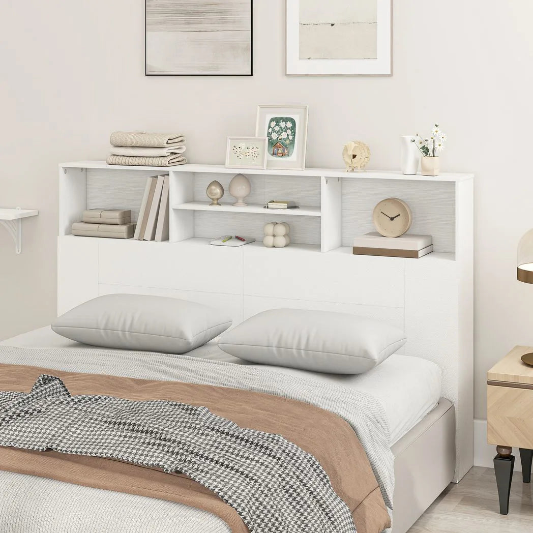 HOMCOM King-Size Headboard with Storage, Freestanding Bed Headboard with 4 Open Compartments for Bedroom, White