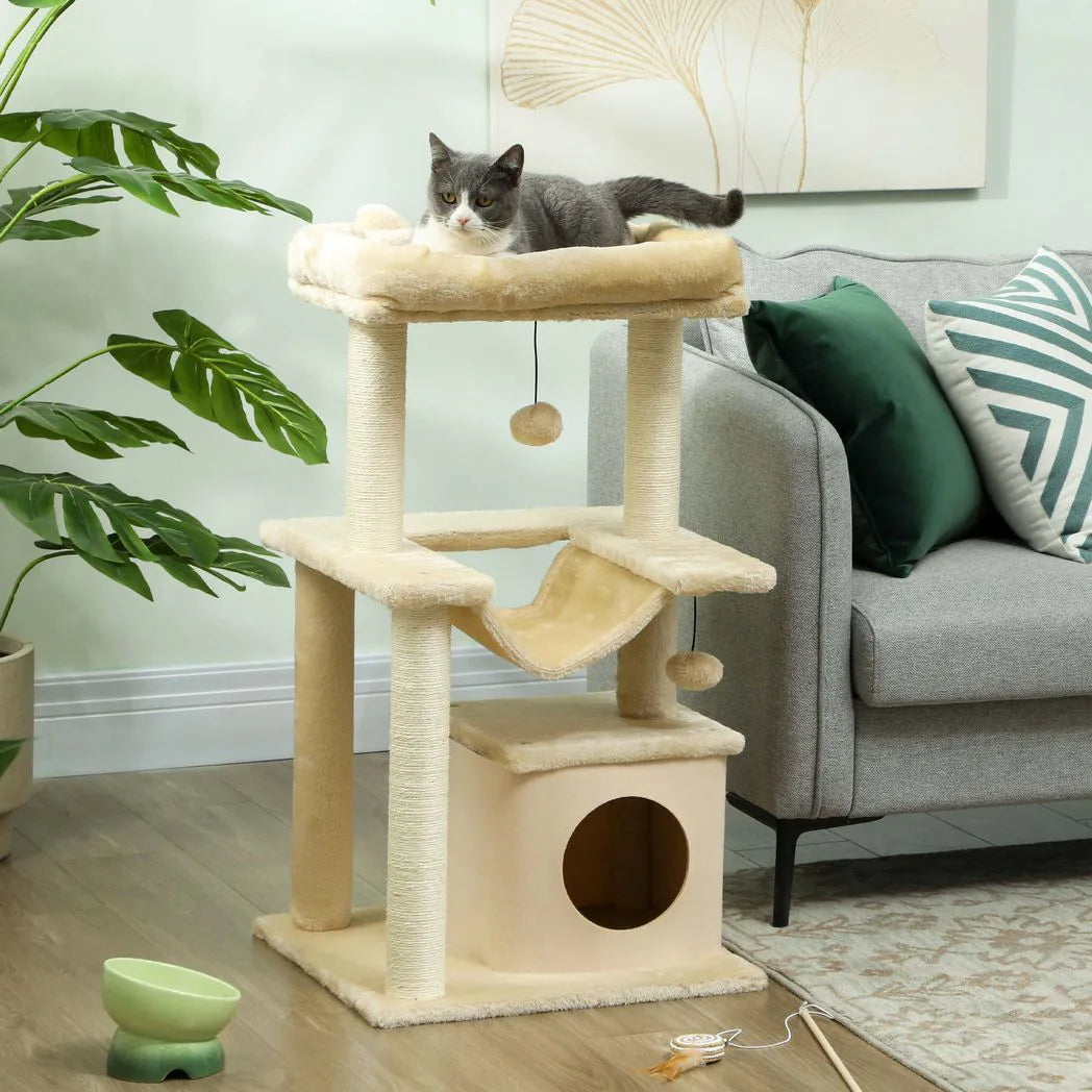 PawHut Cat Tree, 90cm Cat Tower with Sisal Scratching Posts, Cat Condo, Hammock, Top Perch and 2 Hanging Toys for Cats, Beige