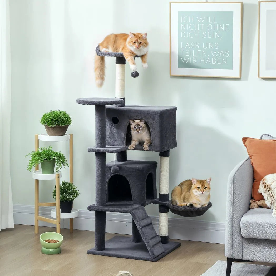 PawHut 140cm Large Cat Tree Tower with Sisal Scratching Posts, Cat Houses, Plush Perches, Hammock, Ladder, Dark Grey