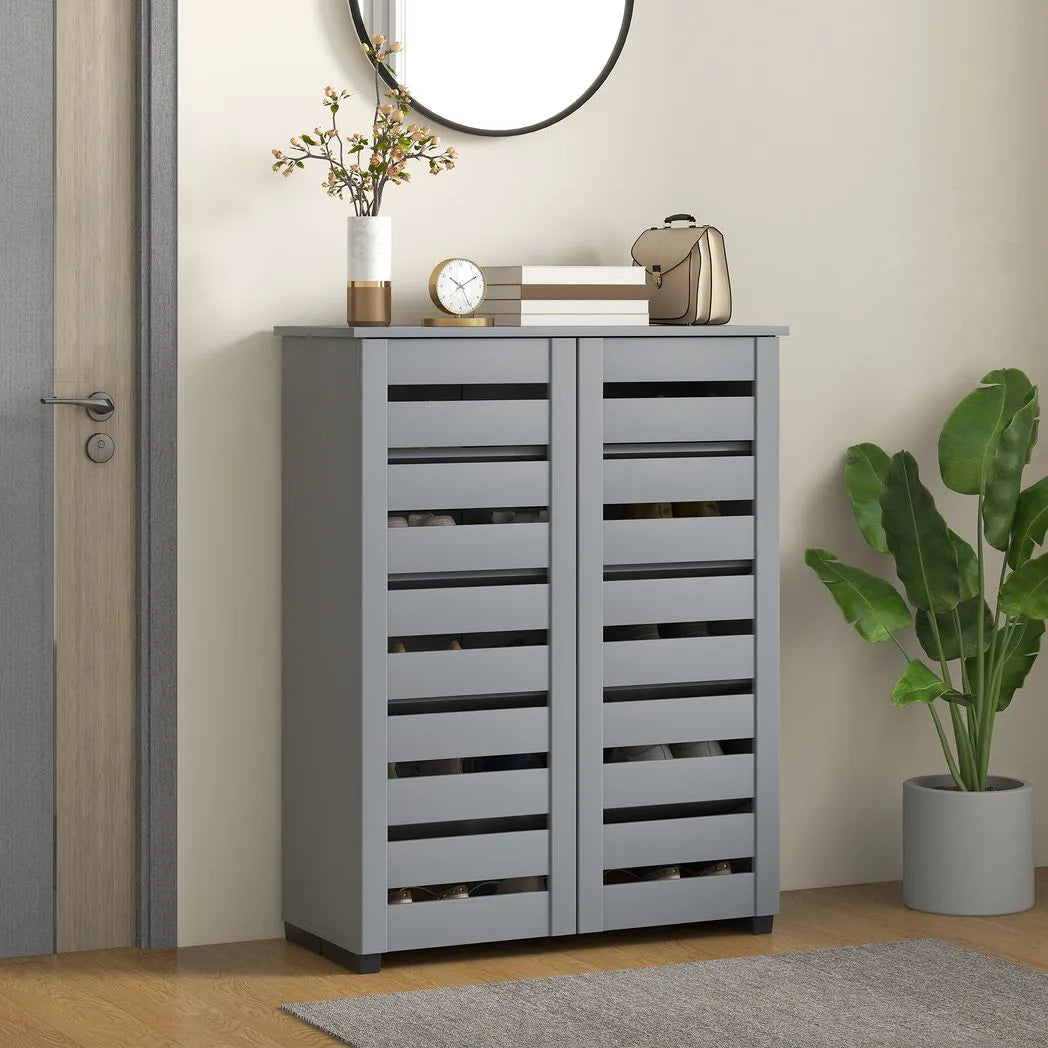 HOMCOM Narrow Shoe Cabinet for Entryway, 5-Tier Slim Shoe Storage Cabinet with 2 Slatted Doors and Adjustable Shelves Grey