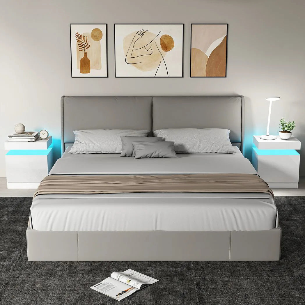 HOMCOM White Bedside Table with LED Light, High Gloss Front Nightstand with 2 Drawers, for Living Room, Bedroom, Set of 2