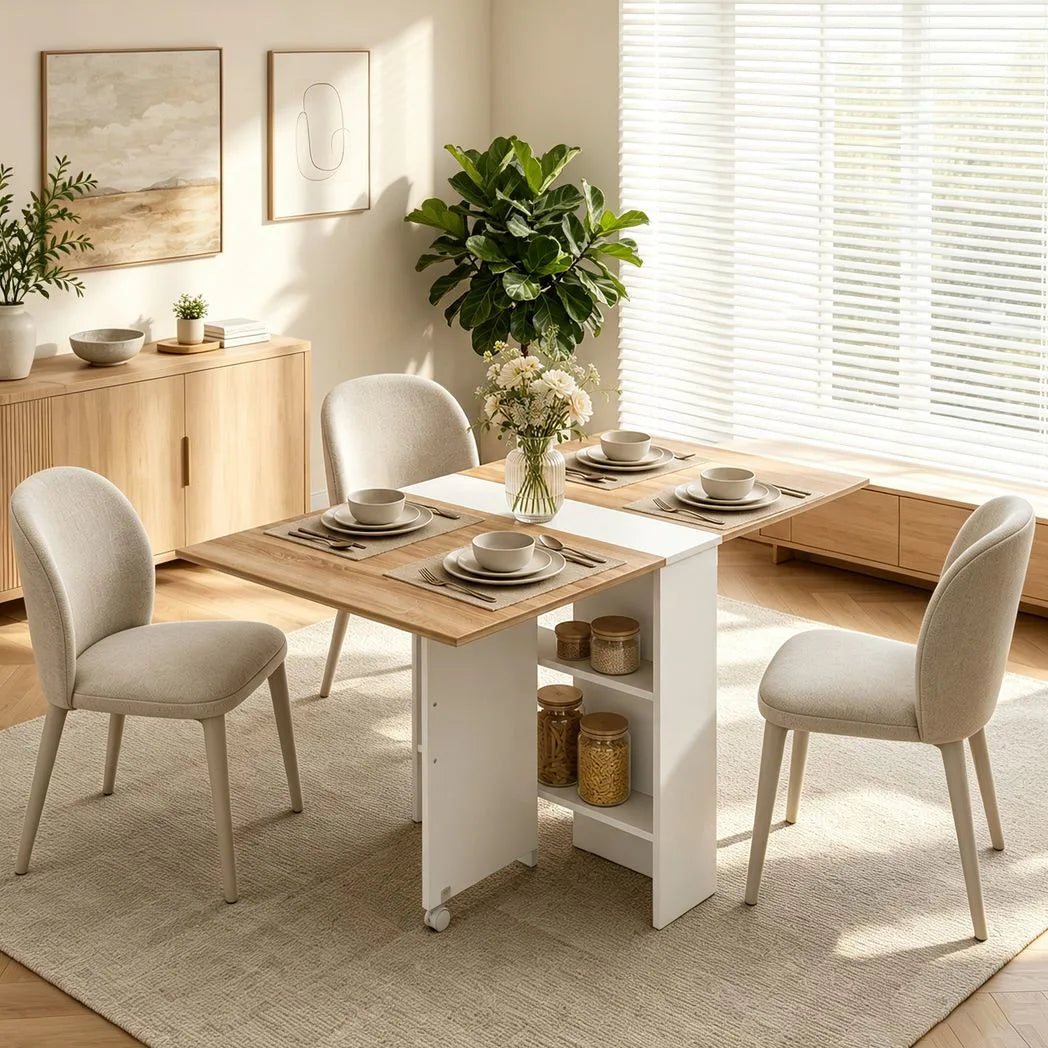 HOMCOM Folding Dining Table, Drop Leaf Table with 2-Tier Shelves, Rolling Casters, White and Natural