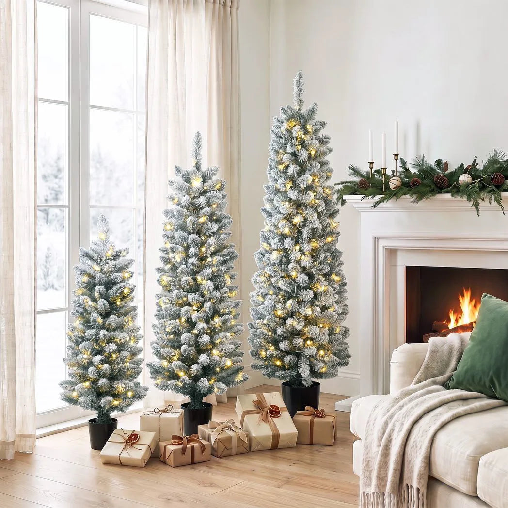 HOMCOM Prelit Snowy Flocked Artificial Christmas Tree Set of 3, Slim Xmas Tree with PVC Tips, 3FT??