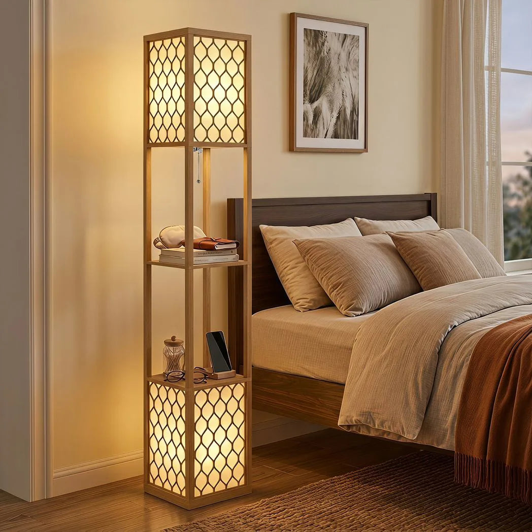 HOMCOM Duo Light Floor Shelves - Natural Wood Finish