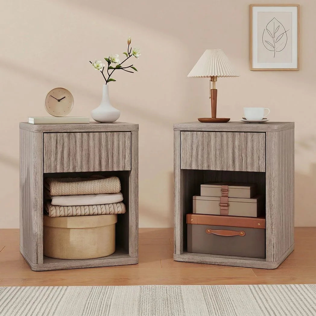HOMCOM Modern Bedside Table Set of 2, Bedside Cabinet with Drawer and Open Shelf, Side End Table, Nightstand for Bedroom, Oak