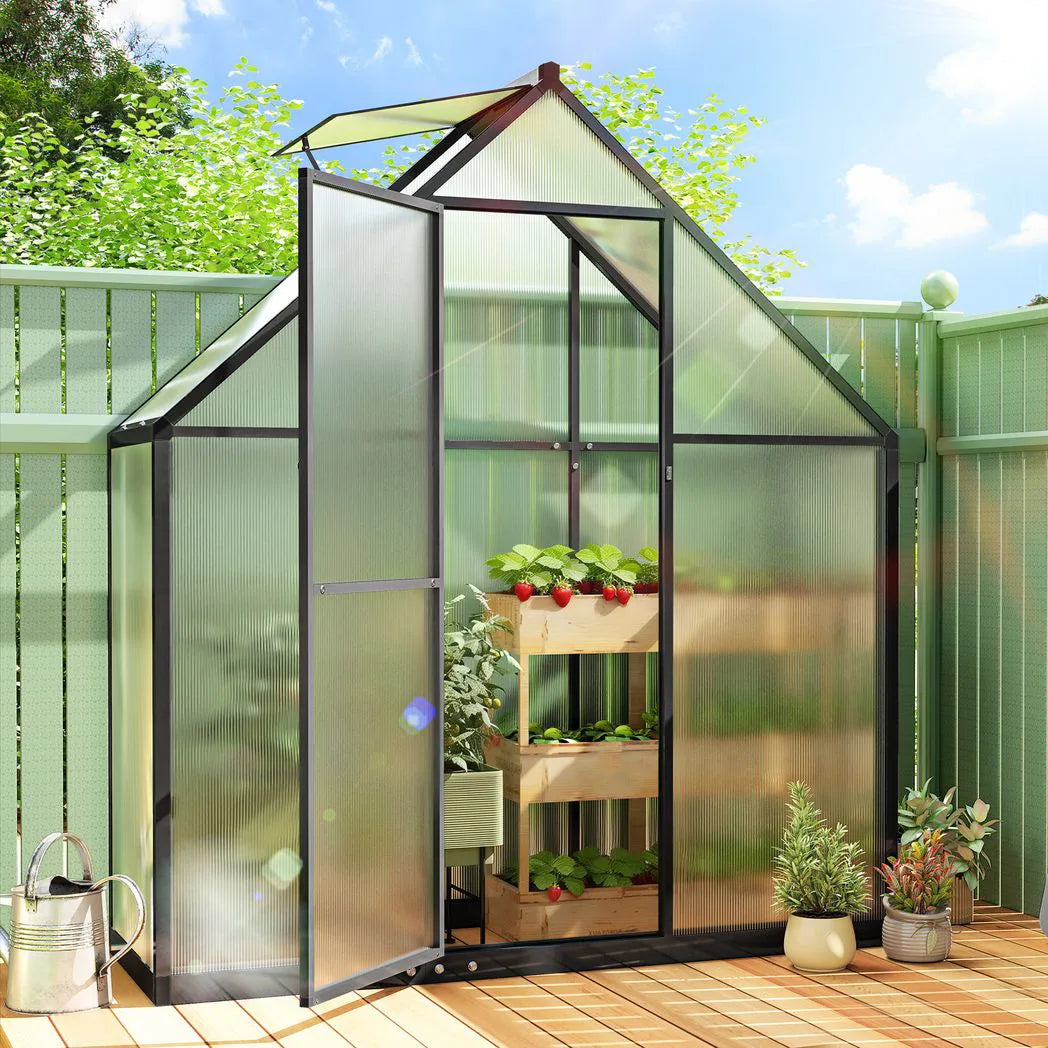 Outsunny 5.5 x 2ft Polycarbonate Greenhouse, Quick Setup Walk in Green House, Push Door, Adjustable Roof Vent, Rain Gutter, Black