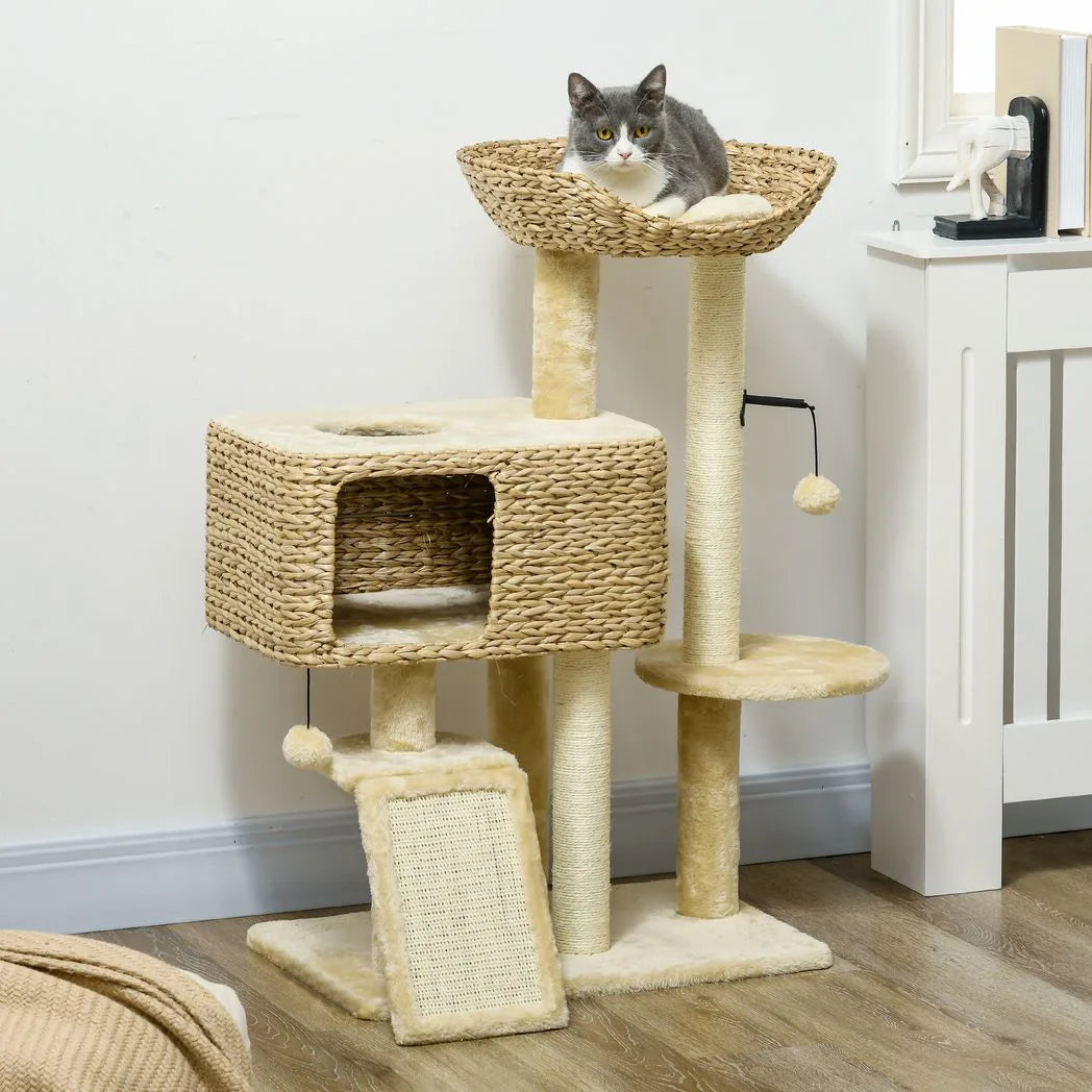 PawHut 95cm Cat Tree Tower for Indoor Cats, with Scratching Post, Cat House, Toy Ball, Platform - Beige
