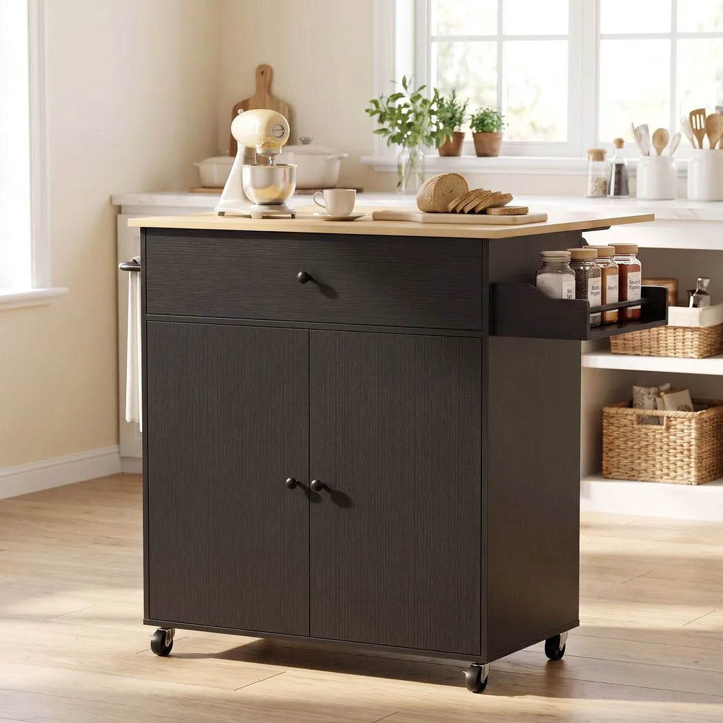 HOMCOM Kitchen Island with Drop Leaf, Rolling Kitchen Storage Trolley on Wheels with Drawer, Spice Rack and Towel Rack, Black