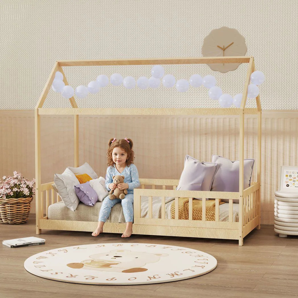 HOMCOM House-Shaped Kids Bed Frame with Guard Rails, Solid Pine Wood Single Bed Frame for Kids Boys and Girls, Natural
