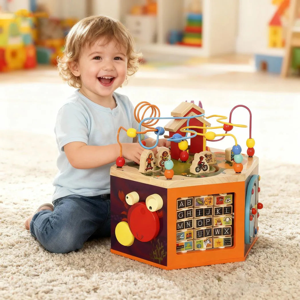 AIYAPLAY 8 in 1 Wooden Activity Cube with Bead Maze, Shape Sorter, for Kids Boys Girls 18 Months