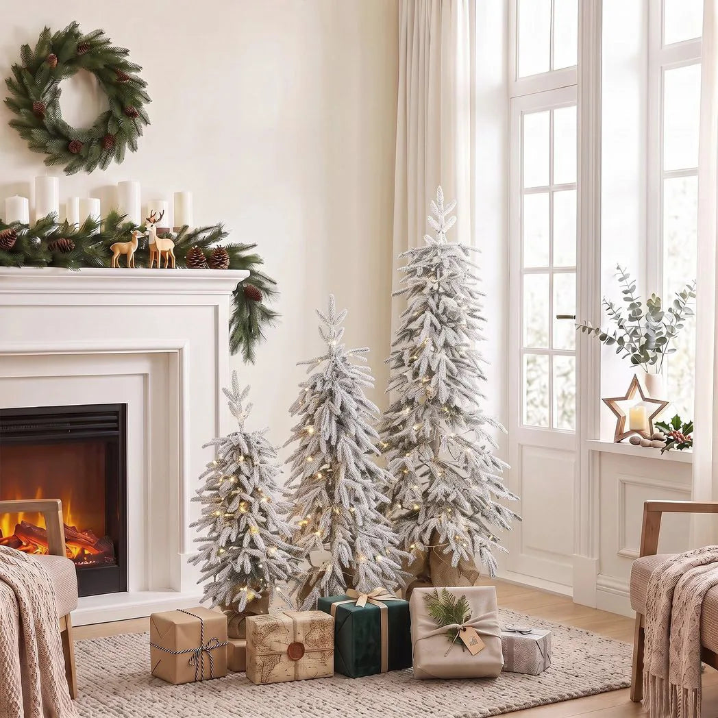HOMCOM Prelit Flocked Artificial Christmas Tree Set of 3 Snowy Xmas Tree Warm White LED Lights (3FT??)