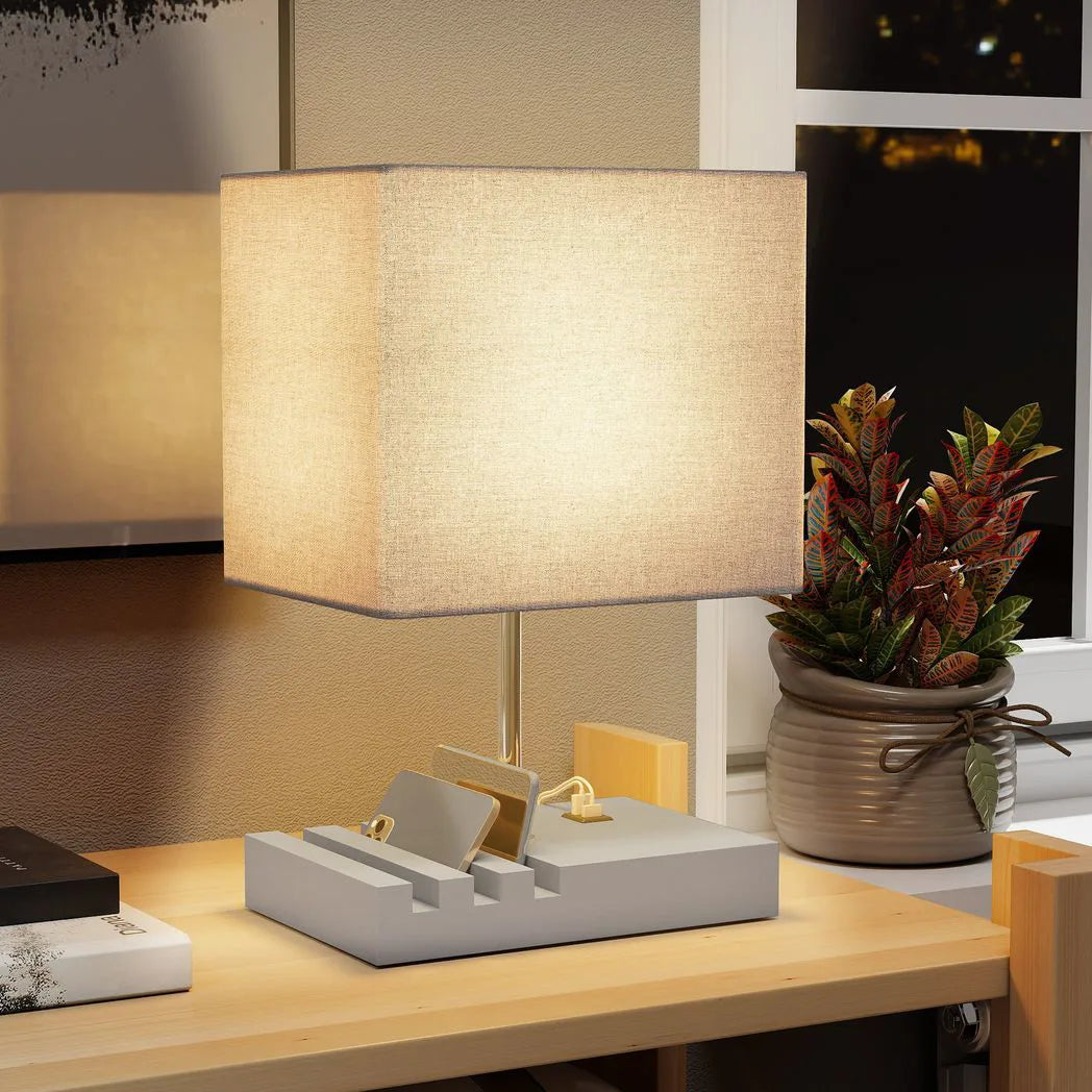 HOMCOM Bedside Lamp with USB A Charging Ports and 3 Phone Stands, Modern Table Lamp with Solid Wood Base and Fabric Shade for Bedroom Living Room Office, E27 Socket, Bulb Not Included, Grey