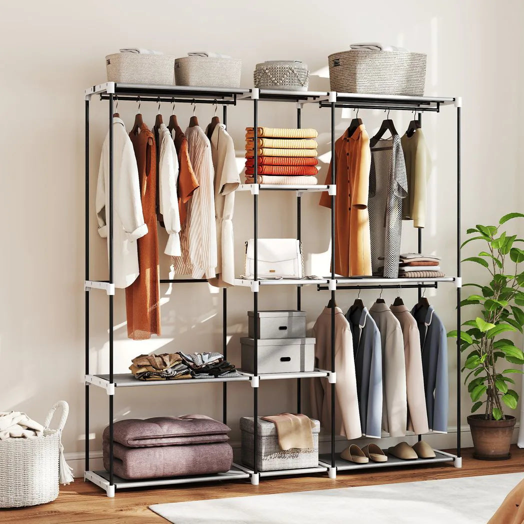 HOMCOM Portable Wardrobe, Open Clothes Wardrobe with 8 Shelves, 3 Hanging Rails, Light Grey