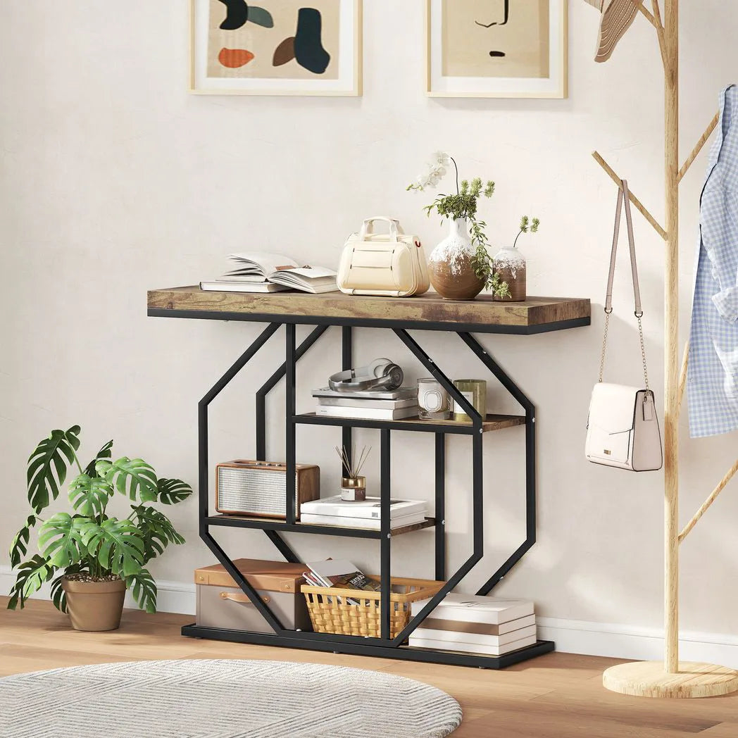 HOMCOM 4-Tier Industrial Console Table - Rustic Brown