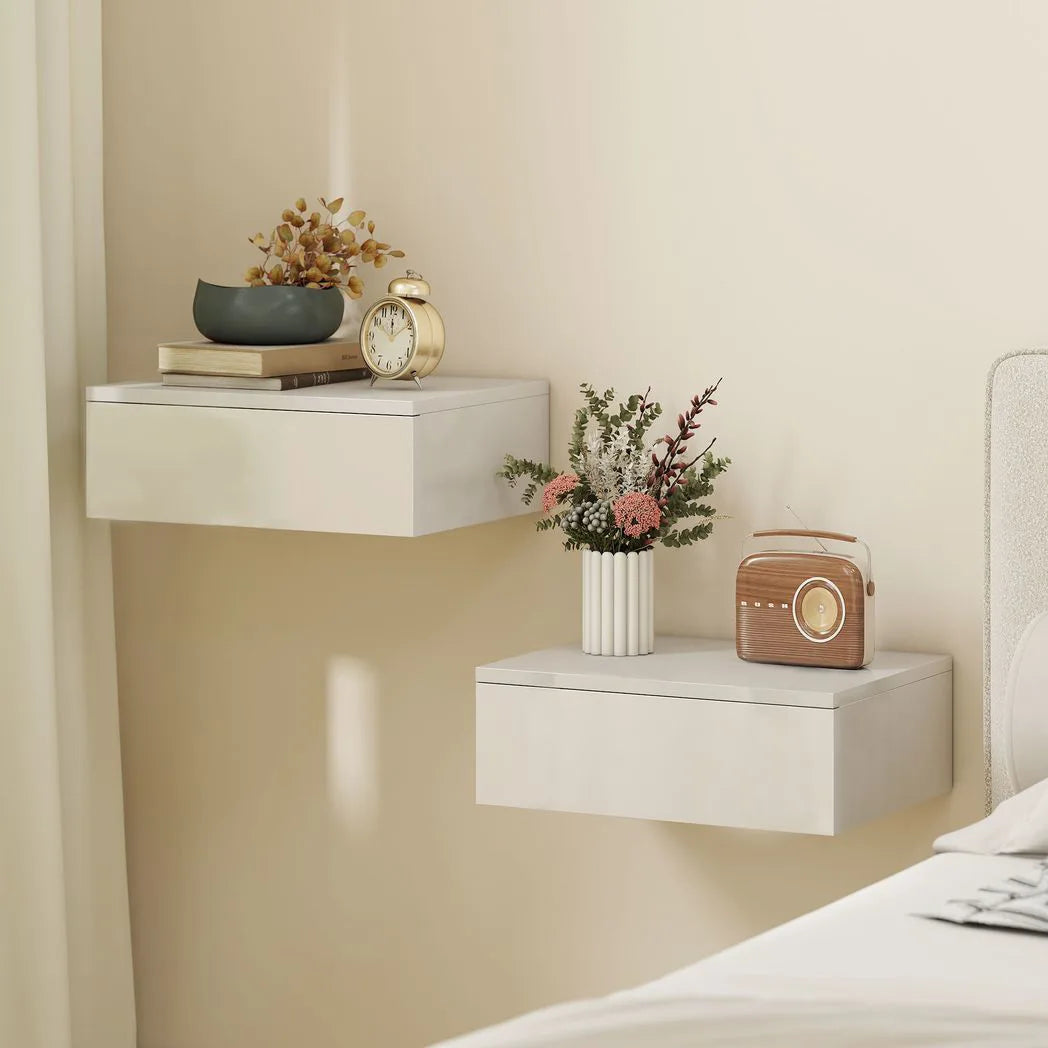 HOMCOM Floating Bedside Table Set of 2, Wall-Mounted Nightstand with High Gloss Finish & Storage Drawer, White