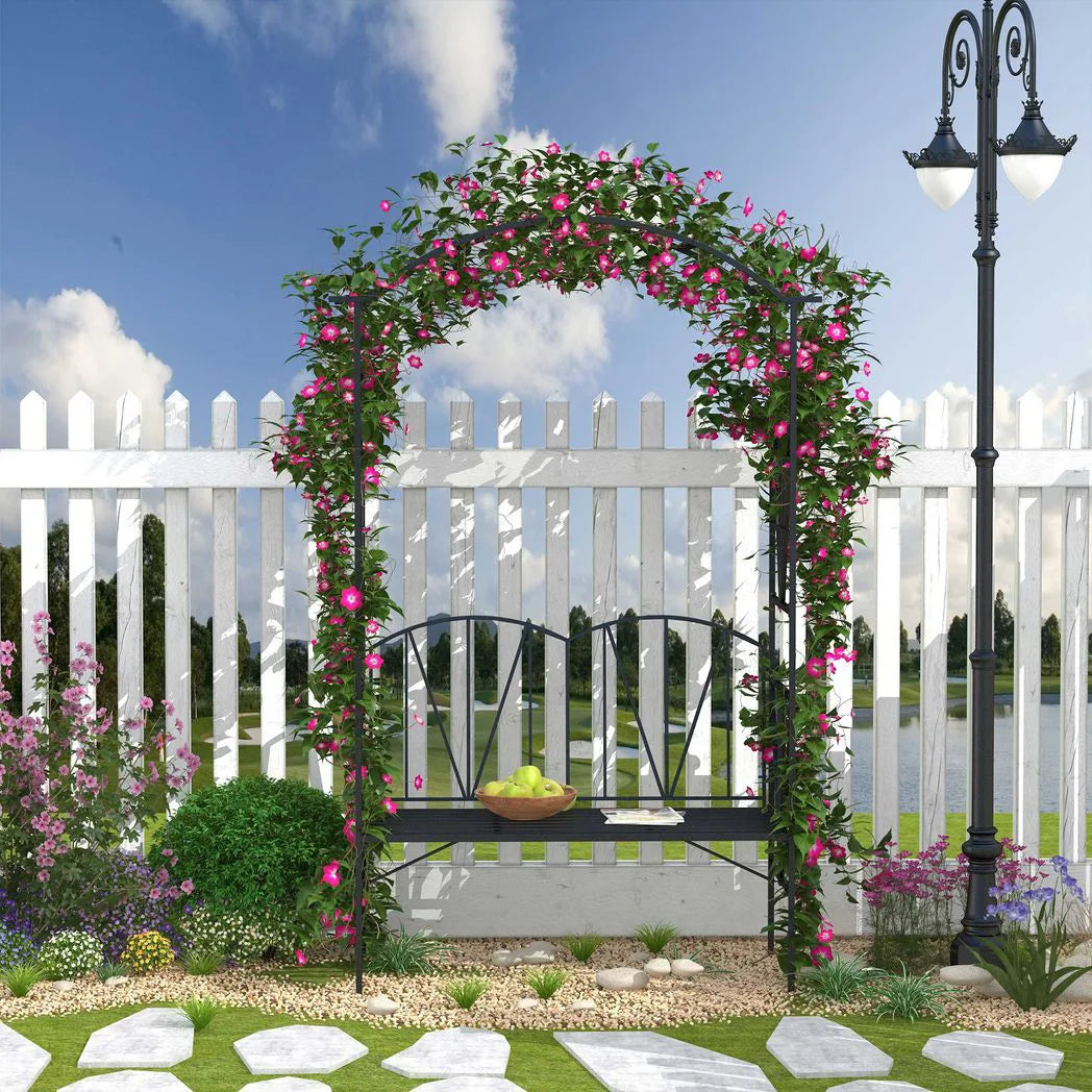 Outsunny Garden Bench, 2 Seater Outdoor Patio Bench, Metal Garden Loveseat with Arch for Vines and Climbing Plants, Black
