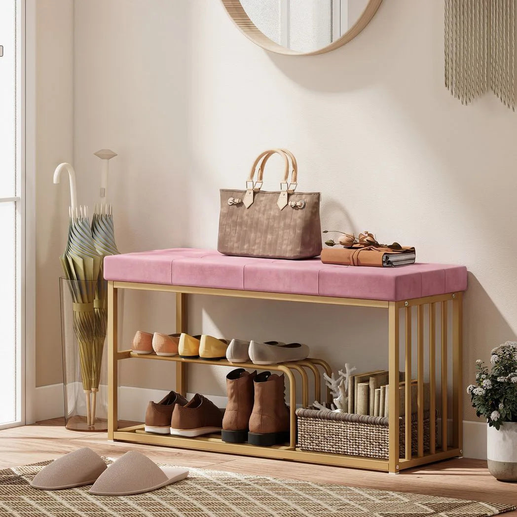 HOMCOM Bench and Shoe Storage, Tufted Shoe Storage Bench with Velvet Seat Cushion Gold Steel Frame for Entryway, Pink