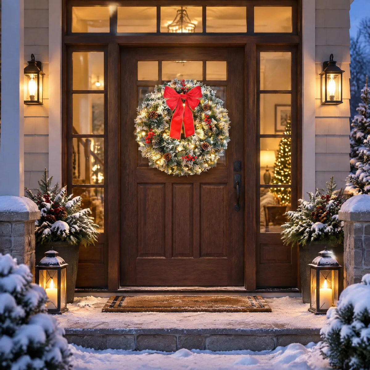 36in Pre-lit Snow Flocked Christmas Wreath, Lighted Artificial Xmas Wreath with 100 Warm Lights and 300 PVC Tips and Bow Red Berries Pine Cones, for Front Door Gate Wall Xmas Party Decorations